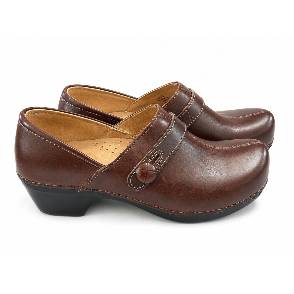 Dansko Solstice Clogs Brown Leather Size 38 EU 7.5 8 US Button Comfort Shoes